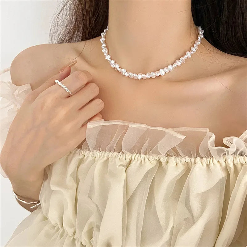 Korean Chic Handmade Irregular baroque White Simulated Pearl Beads Choker Necklace