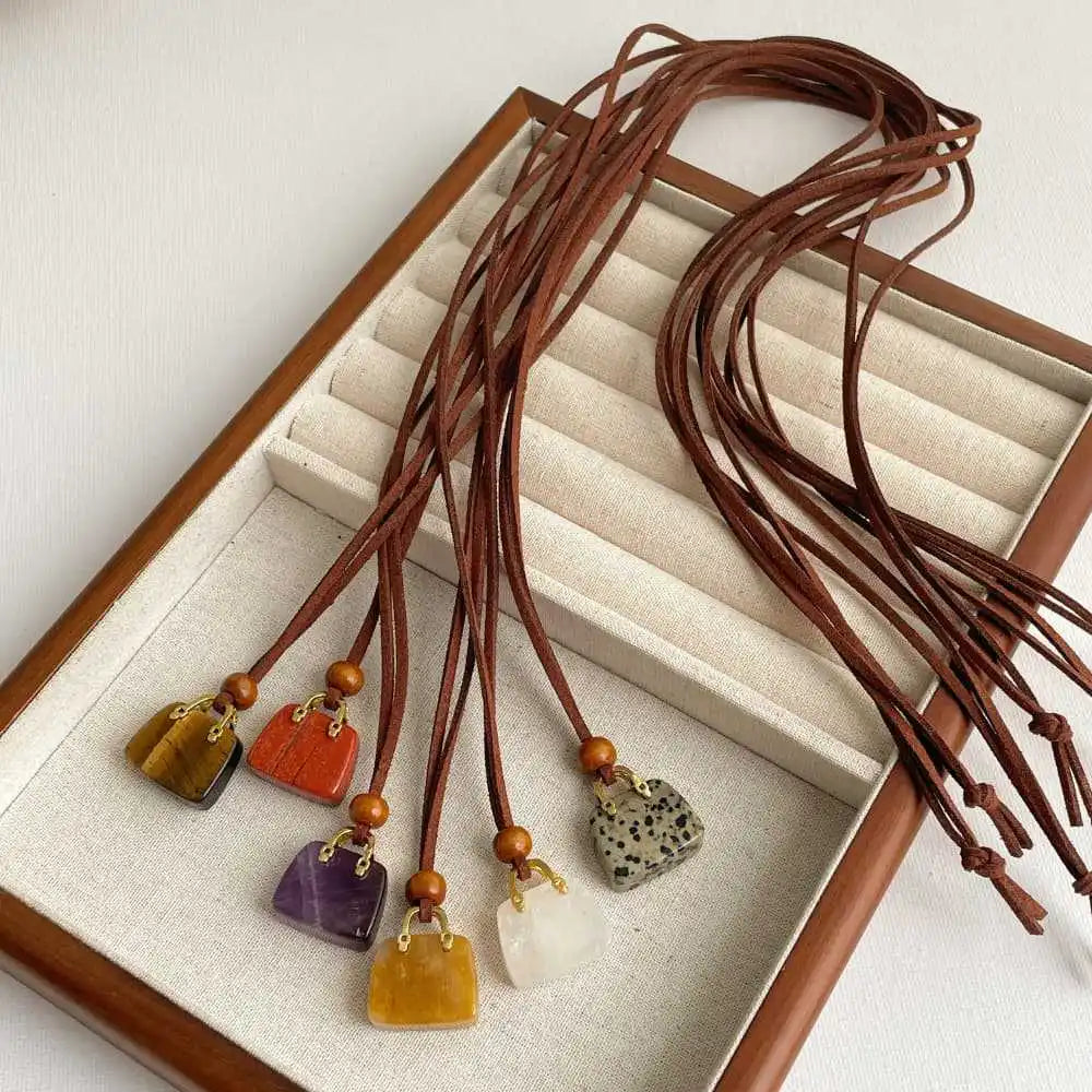 Natural Stone Pendant Necklace Long Style Sweater Chain for Women