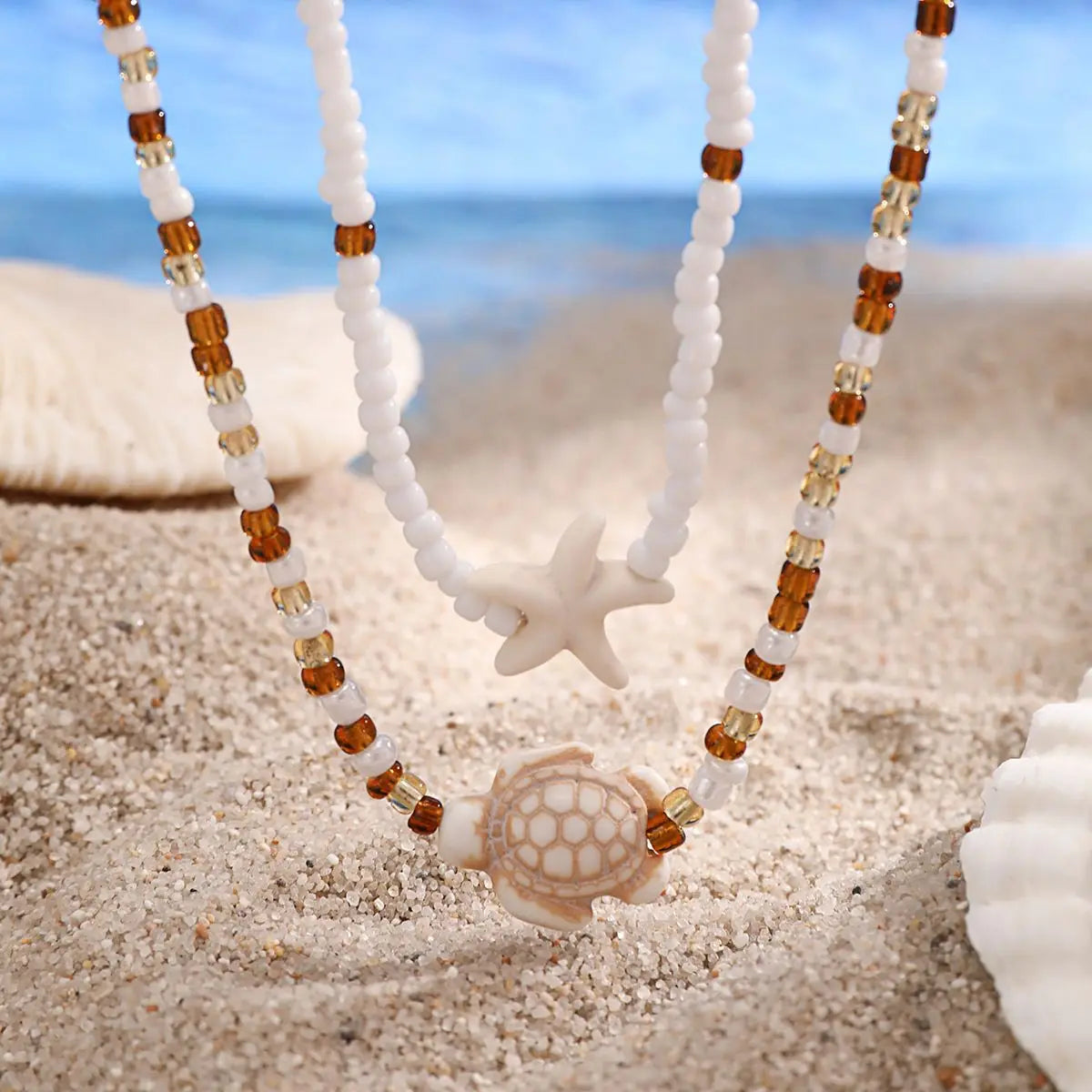 Layered Beads Chains with Starfish Turtle Choker Necklace for Women Trendy Collar on Neck 2024 Fashion Jewelry Female