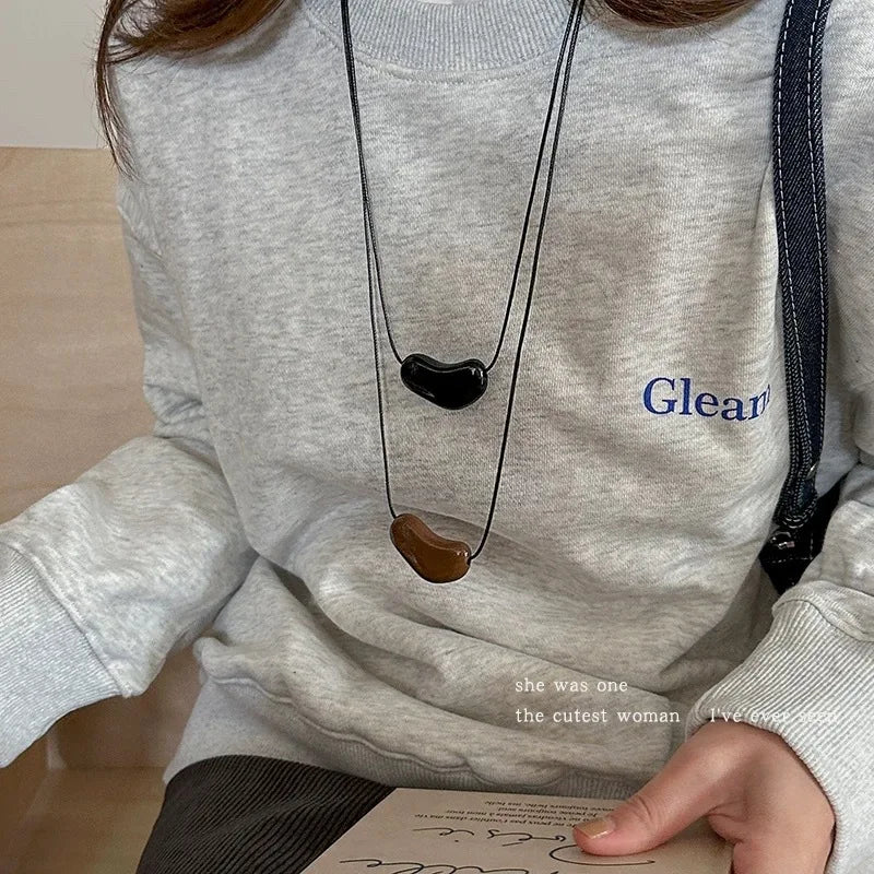 Red Love Heart Necklace for Women Luxury Pulling Black Rope Sweater Chain
