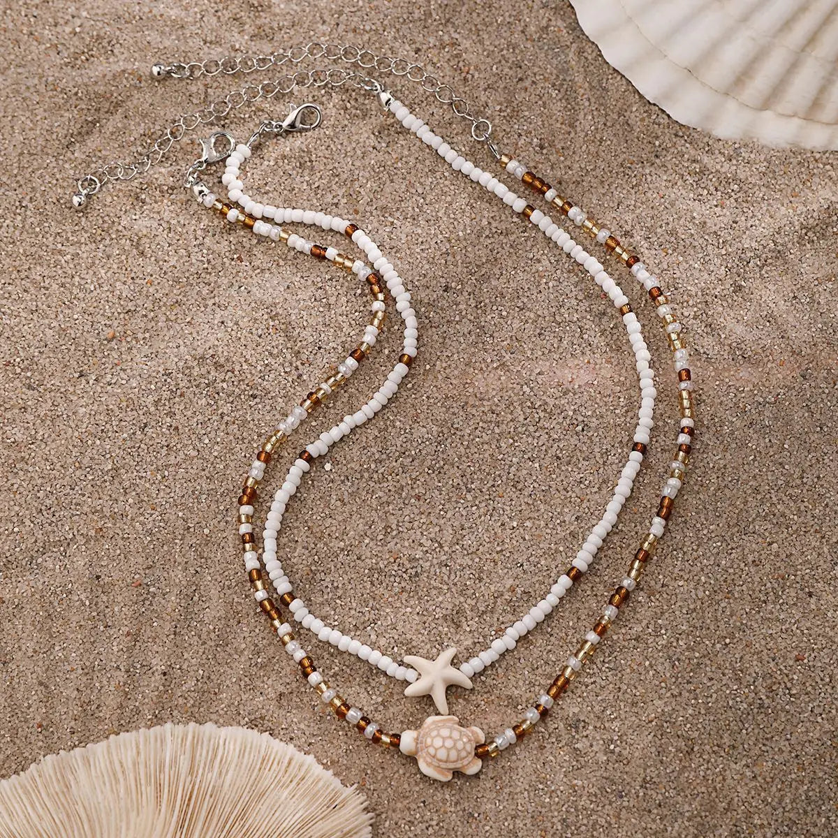 Layered Beads Chains with Starfish Turtle Choker Necklace for Women Trendy Collar on Neck 2024 Fashion Jewelry Female