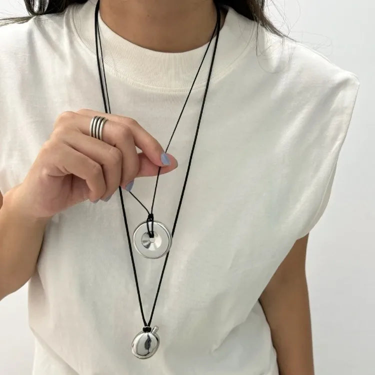 Black Leather Rope Long Necklace Pendant Collarbone Chain Choker Design Sweater Chain Female