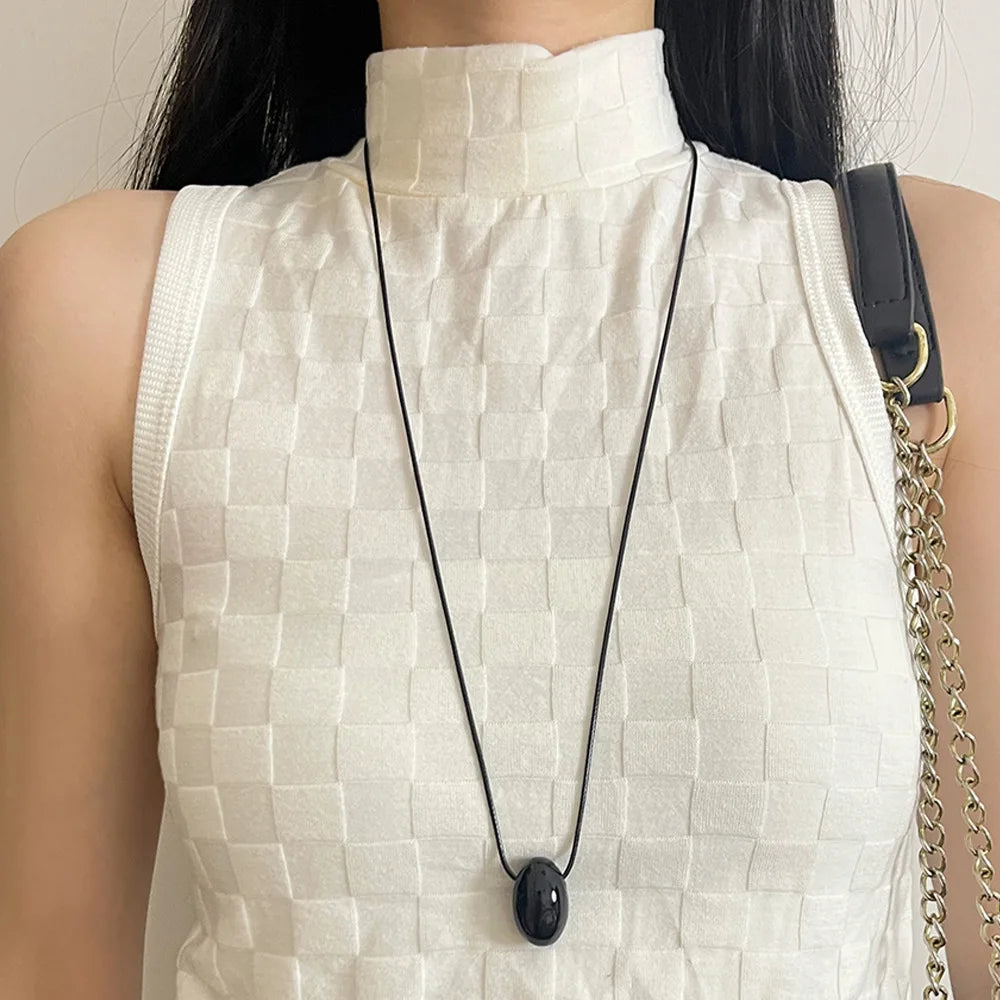 Wind Red Stone Ball Pendant Necklace Long Black Rope Sweater Chain Accessory