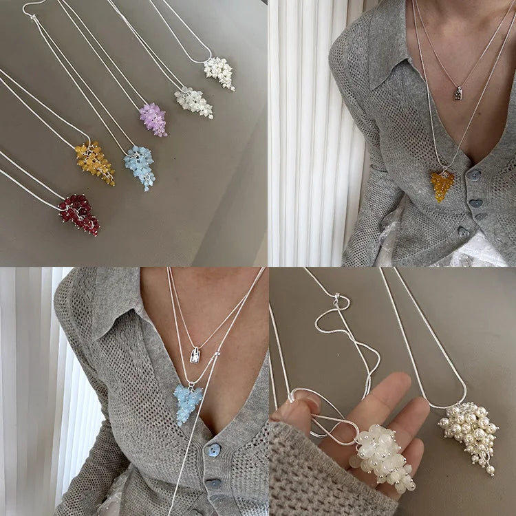 Crystal Grape Shape Necklace Colorful Long Style Adjustable Drawstring Sweater Chain