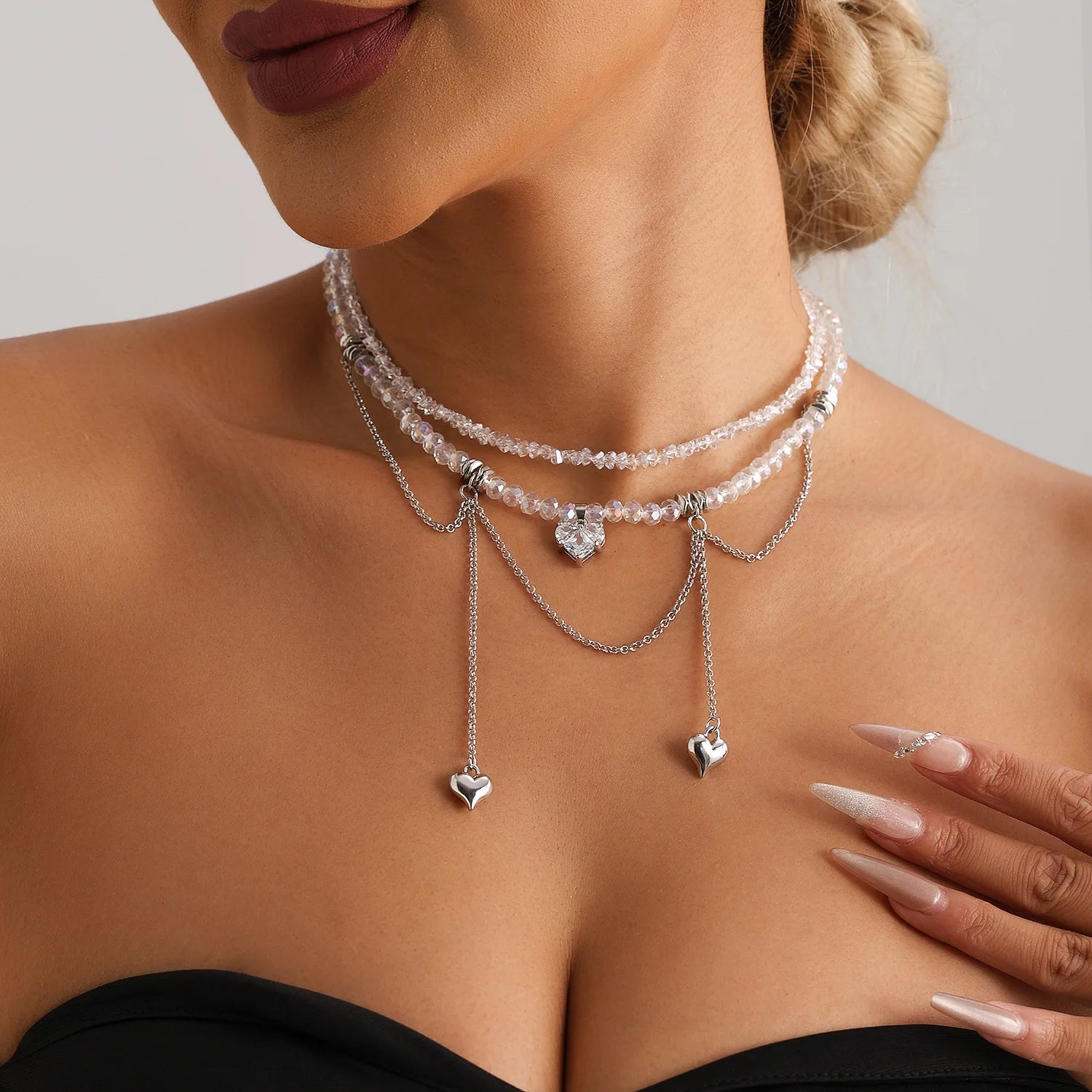 Heart-shaped Zircon Double Chain Tassel Design Collarbone Chain Crystal Necklace