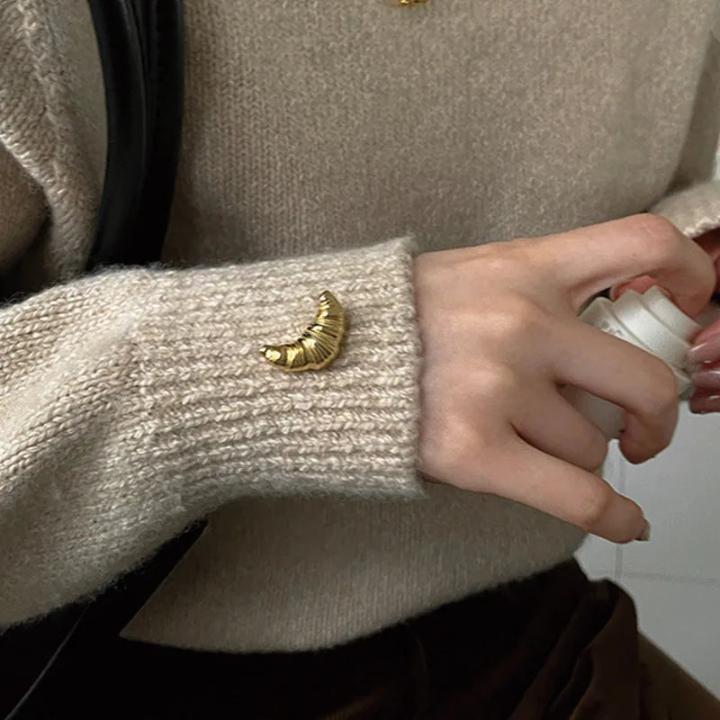 Trend Croissant Brooches Earrings for Men Women Couple Metal Pins Gold Color Fashion Vintage Luxury Jewelry Sets Gifts