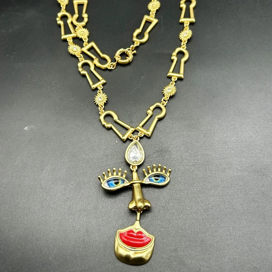 Vintage Red Lips Nose Eyes Pendant Earrings and Necklace Design Jewelry Sets for Women Party