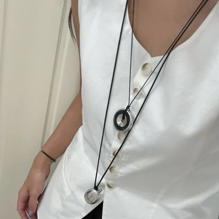 Black Leather Rope Long Necklace Pendant Collarbone Chain Choker Design Sweater Chain Female
